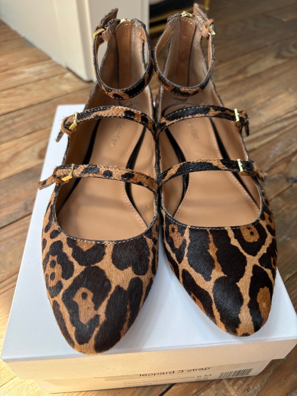 Calvin Klein 6 Leopard Three-Strap Almond Toe Flats